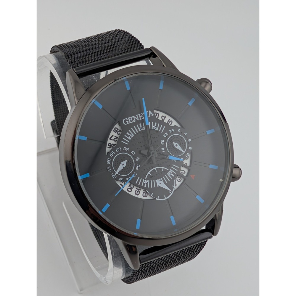 Geneva Watch Men 42mm Black Case Mesh Metal‎ Band- New Battery